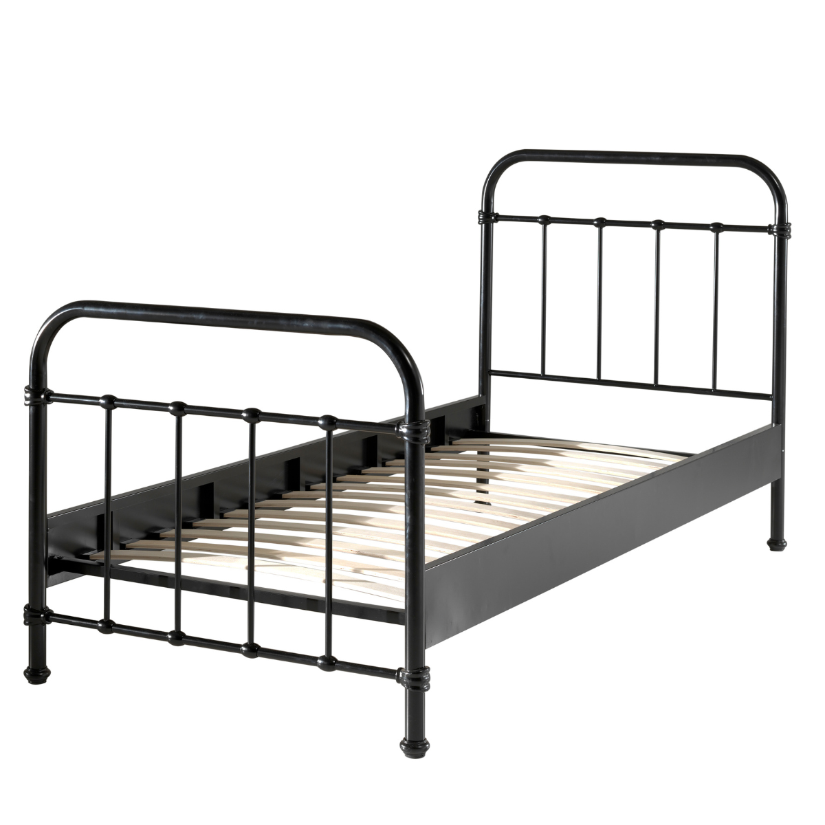 strong and sturdy lookiing Black metal bed frame with wooden slated base on a white background