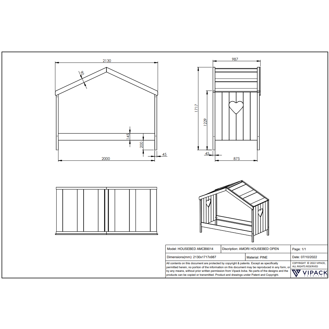 VIPACK AMORI house bed without back panel 90 X 200cm white