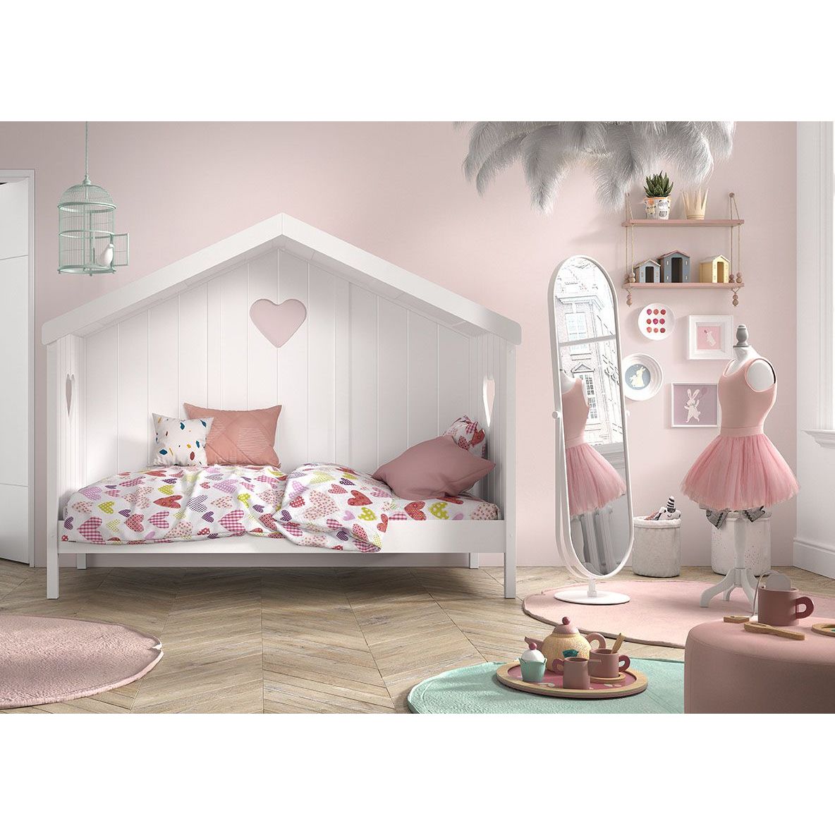 VIPACK AMORI house bed with heart shaped back panels 90 X 200cm white including underbed storage drawer