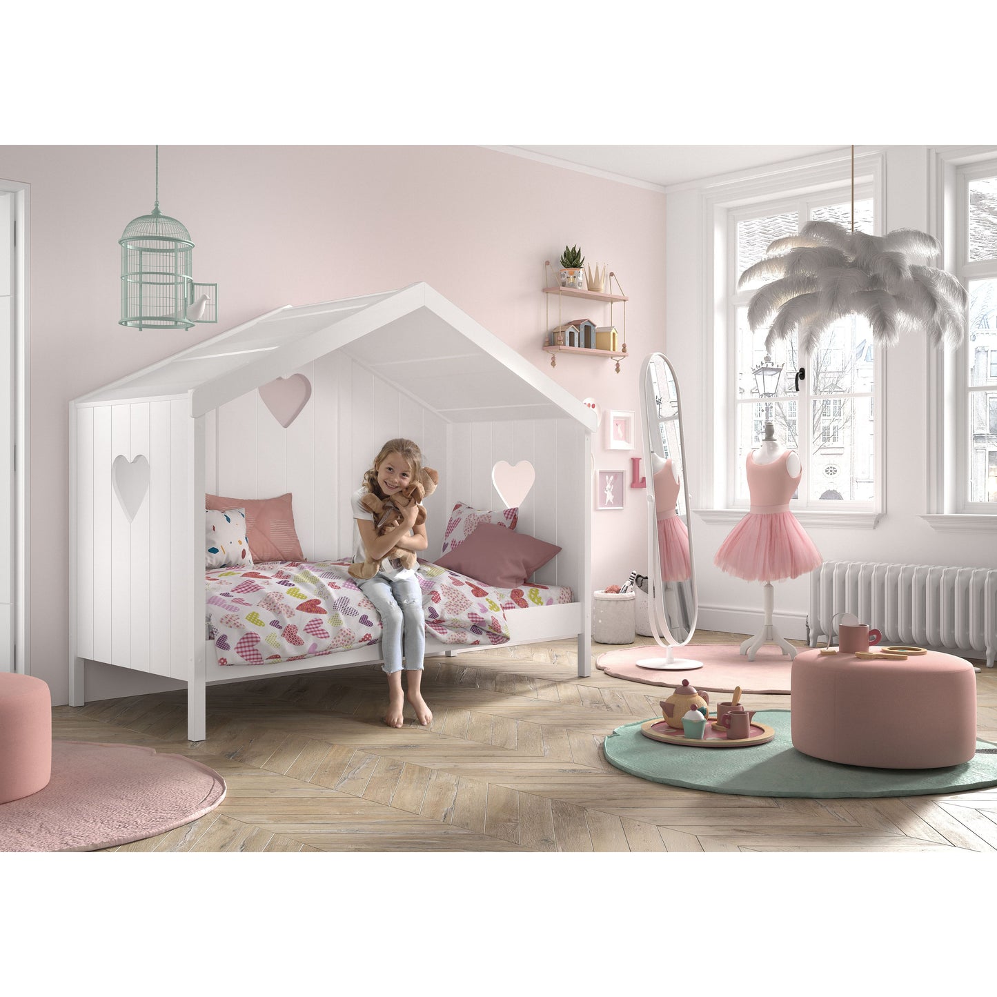 VIPACK AMORI house bed with heart shaped back panels 90 X 200cm white including underbed storage drawer
