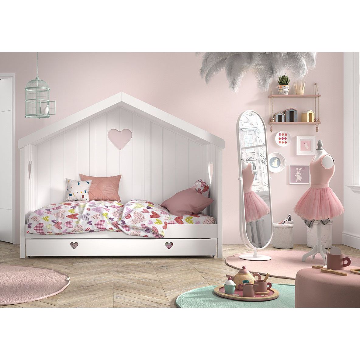 VIPACK AMORI house bed with heart shaped back panels 90 X 200cm white including underbed storage drawer
