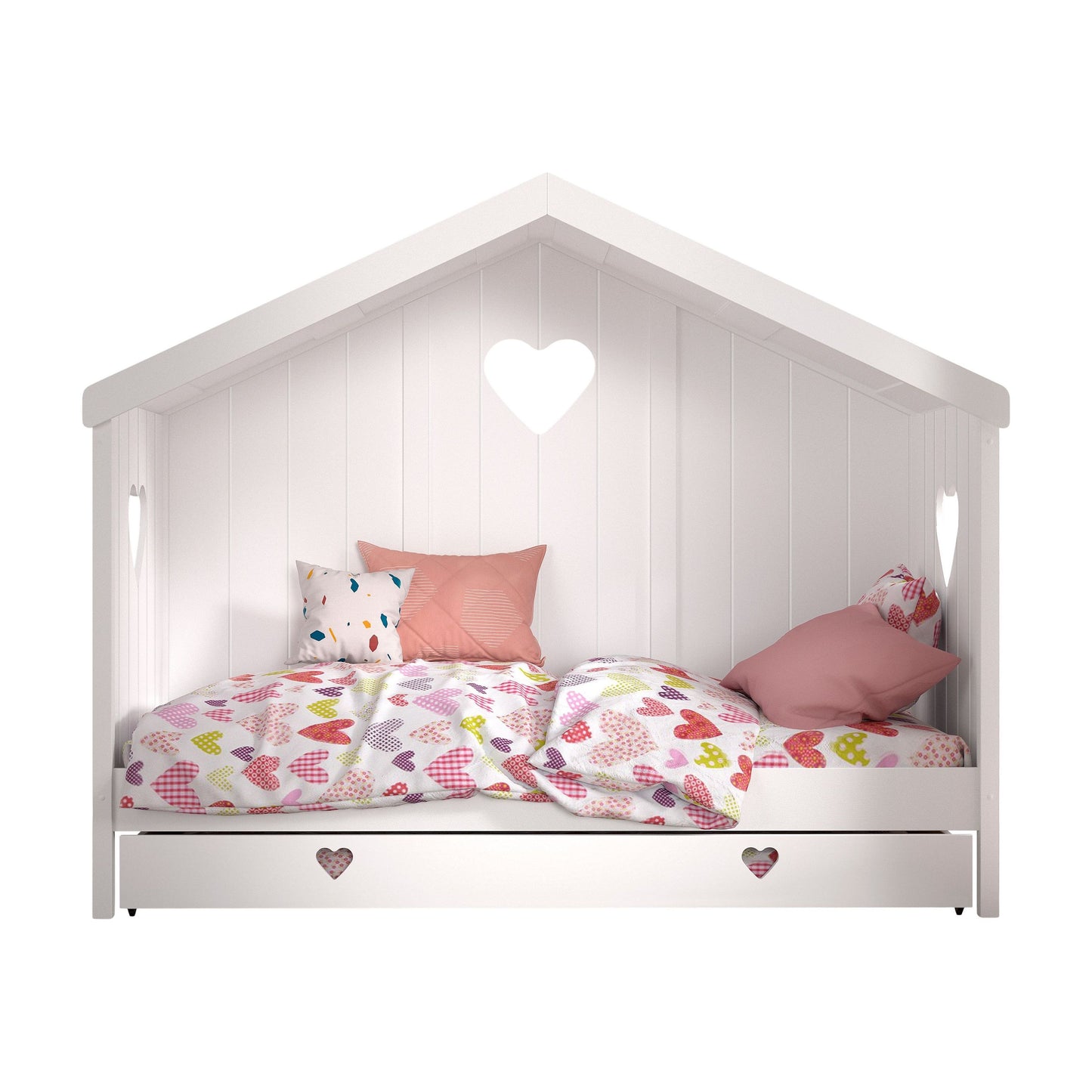 VIPACK AMORI house bed with heart shaped back panels 90 X 200cm white including underbed storage drawer
