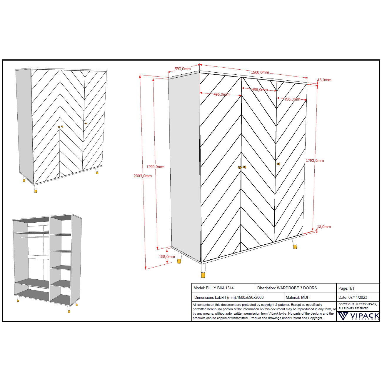 JAXX BILLY 3 door wardrobe white