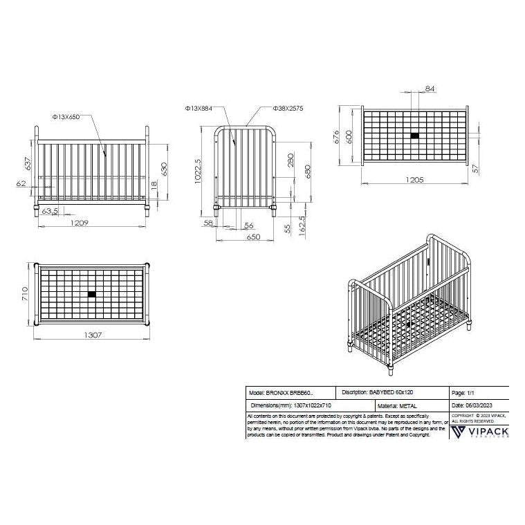 VIPACK JAXX BRONXX industrial metal Cot 120 x 60cm matt white