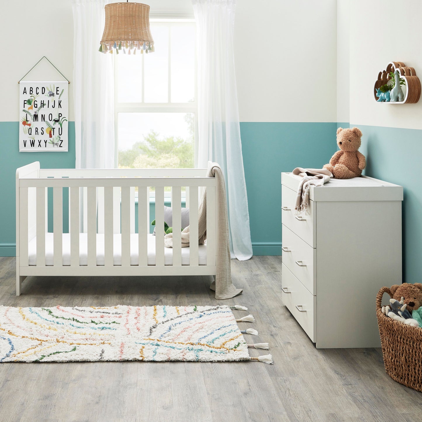 Babymore Caro Cot Bed 140 x 70cm 2 Piece Room Set White Wash