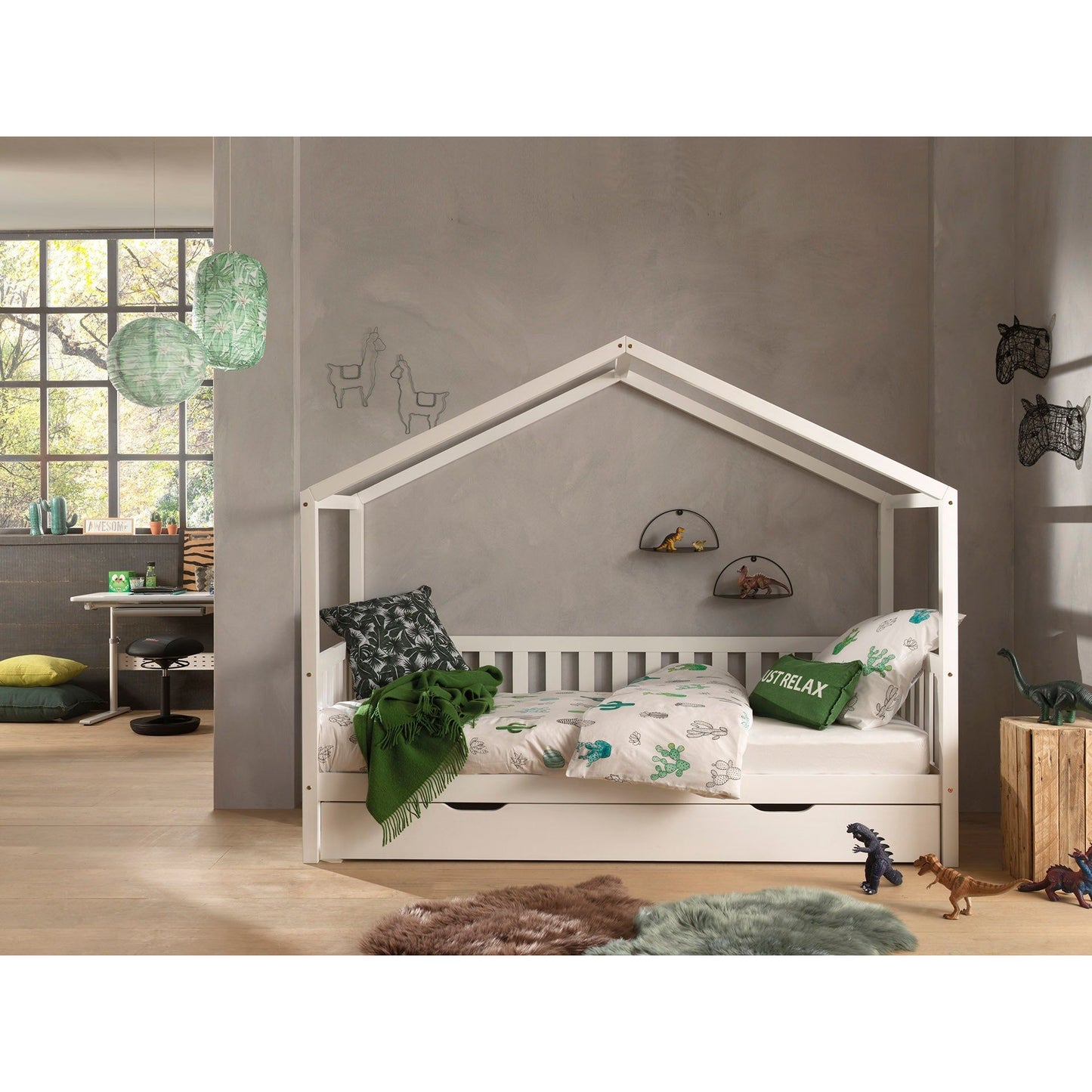 VIPACK DALLAS European single house shaped day bed 90 X 200cm white with storage drawer
