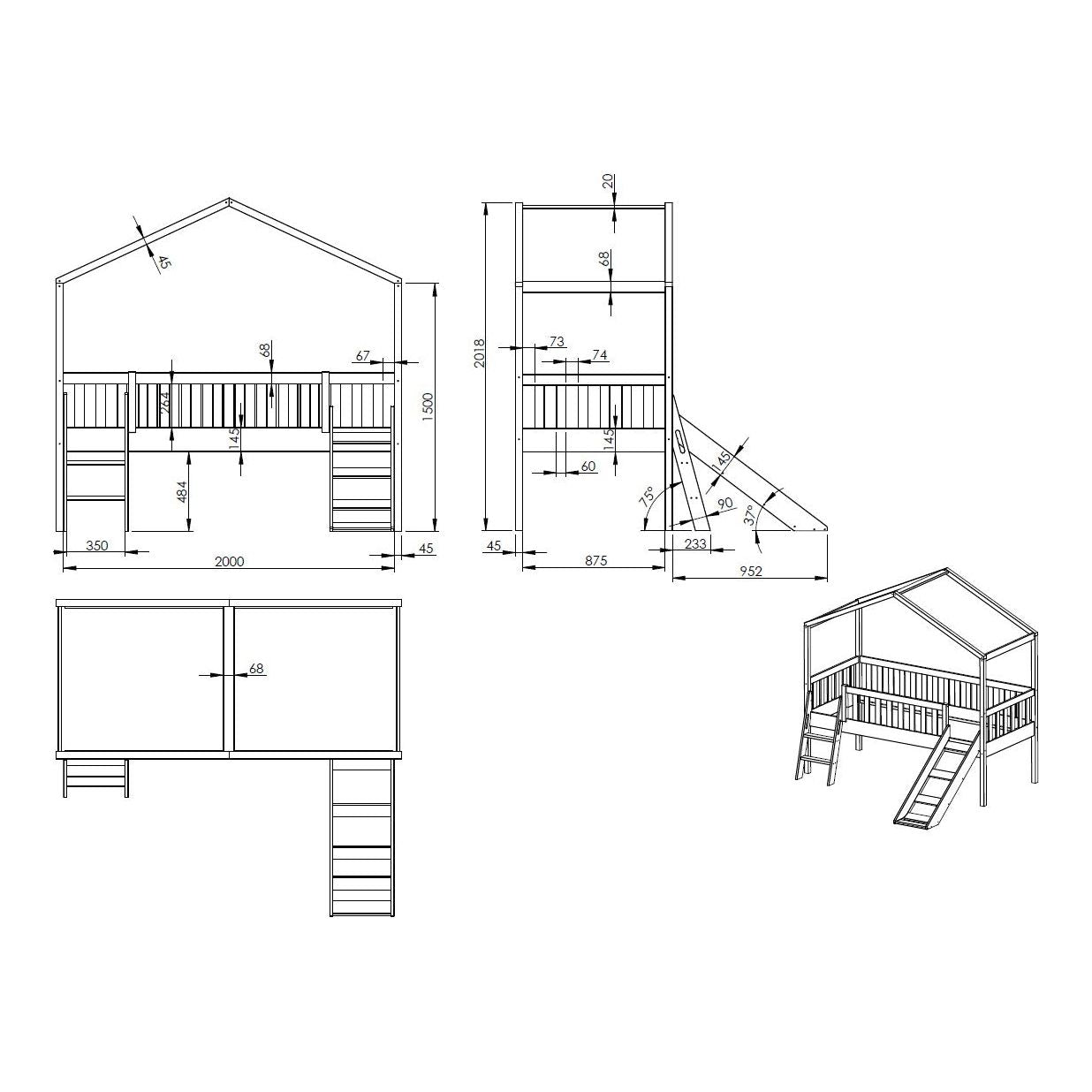 VIPACK DALLAS European single house bed 90 X 200cm with fence & slide white