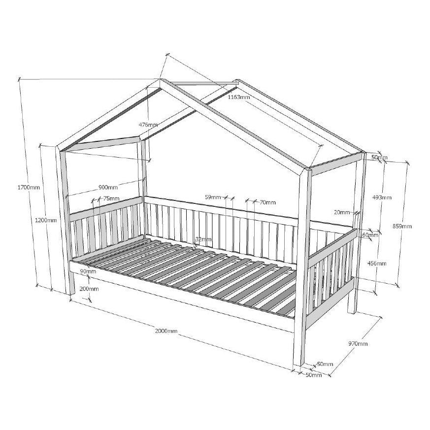 VIPACK DALLAS European single house shaped day bed 90 X 200cm white with storage drawer
