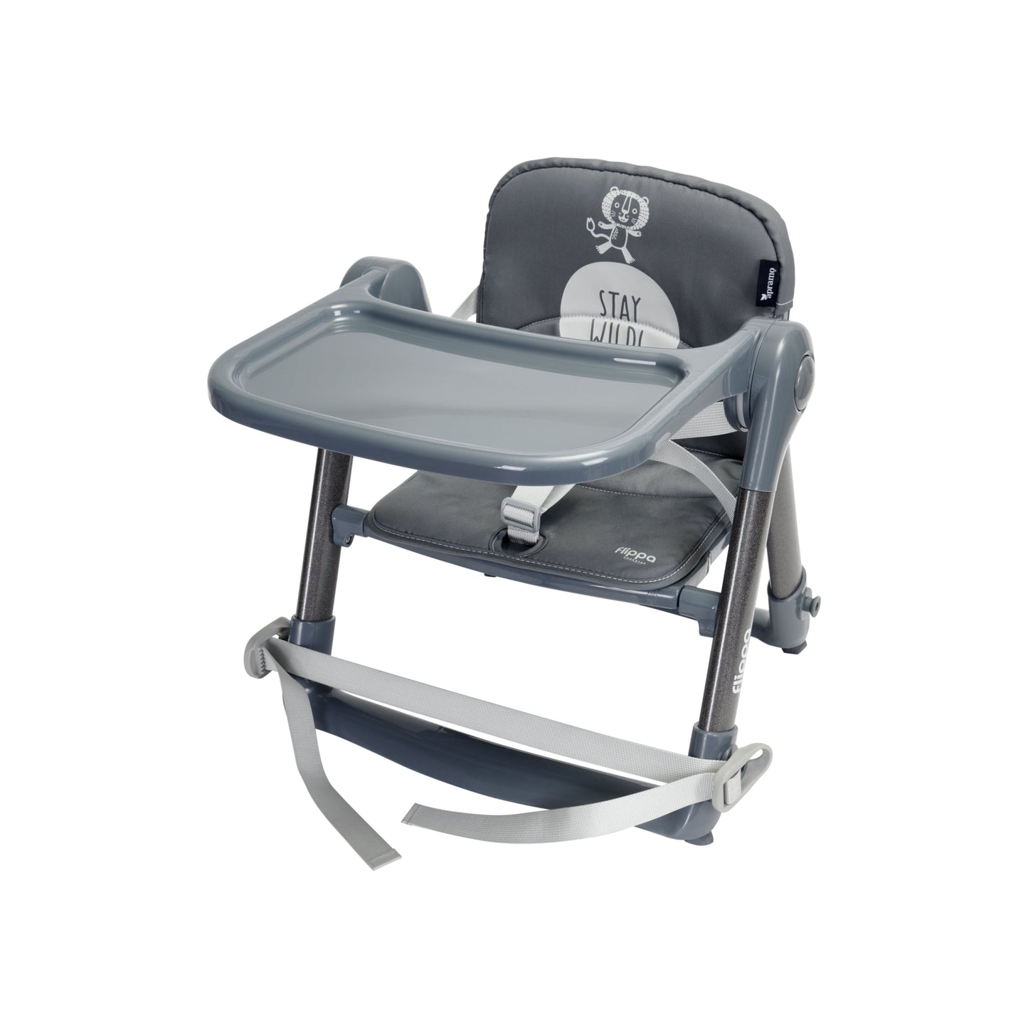 Image showing a grey apramo flippa rockstar kids travel dining booster seat with a detachable tray, an adjustable 3 point safety harness with a comfy grey padded seat cushion on the seat