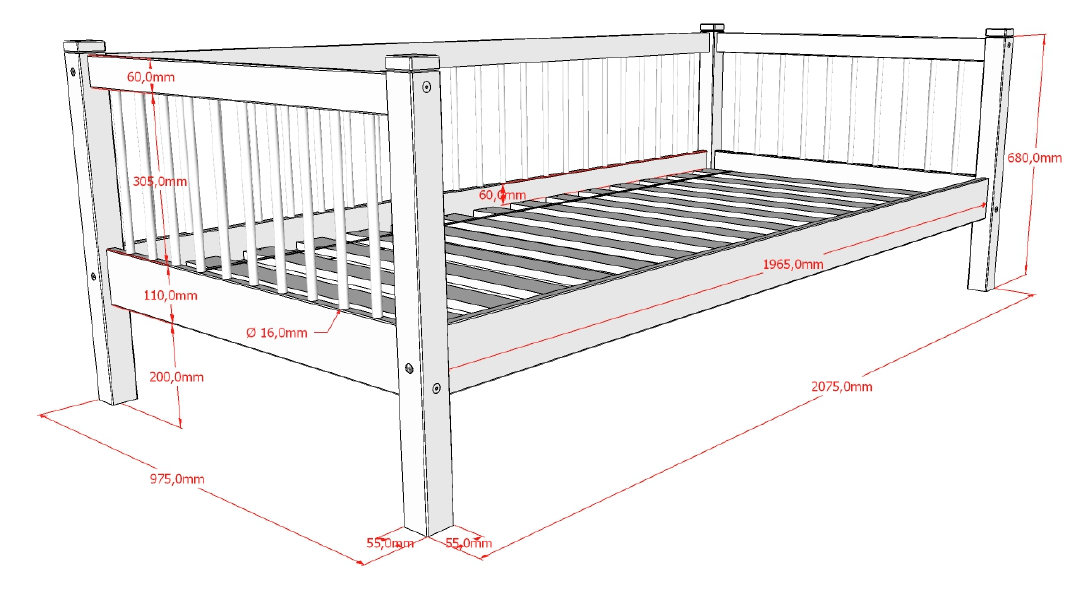 technical drawing showing dimensions of VIPACK forrest day bed