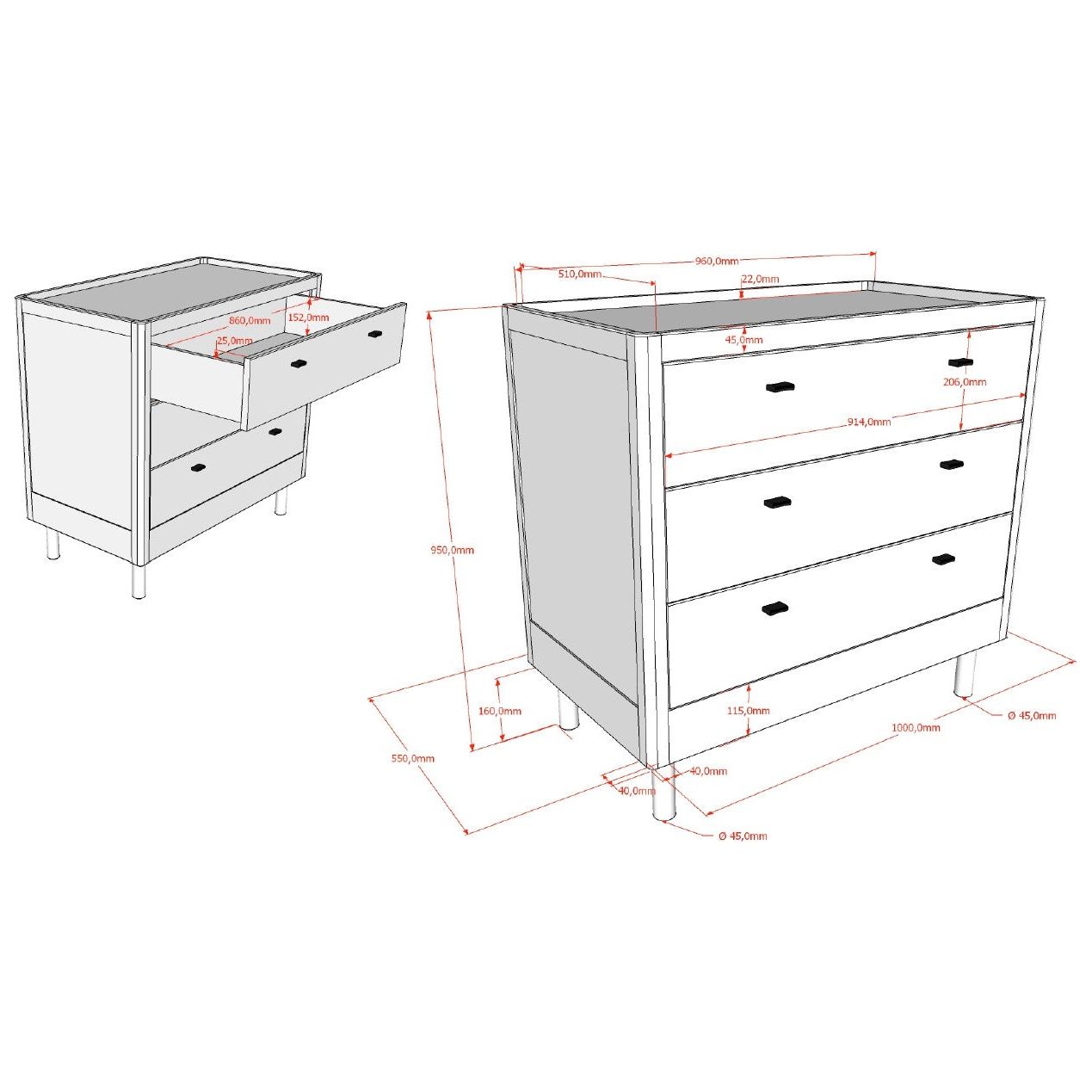 VIPACK JAXX FORREST 3 drawer chest beech white