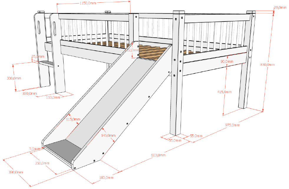 VIPACK FORREST European single mid sleeper low with slide 90 X 200 cm oak