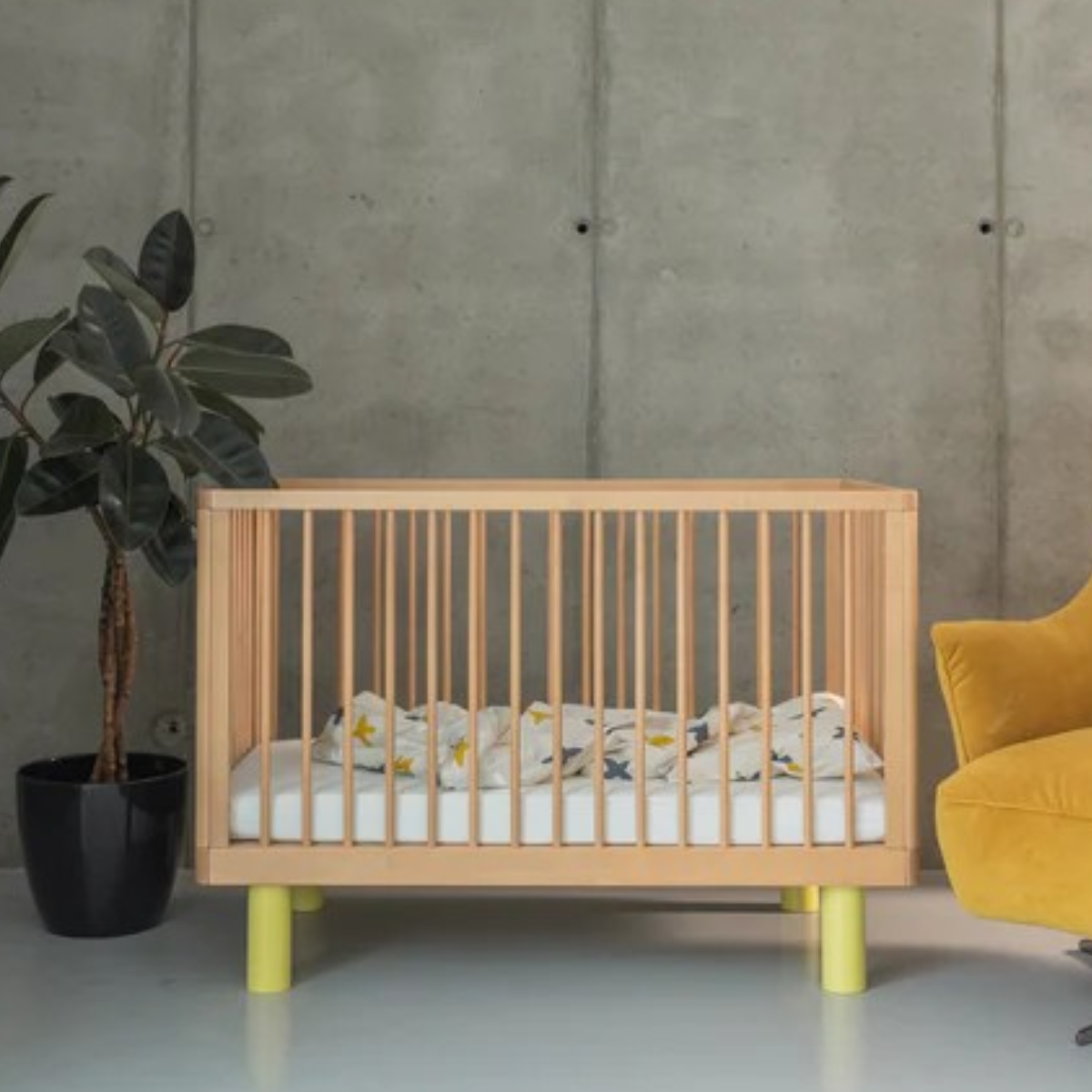KARL & FRIC Nox cot 120 x 60cm natural wood and yellow inc conversion rail