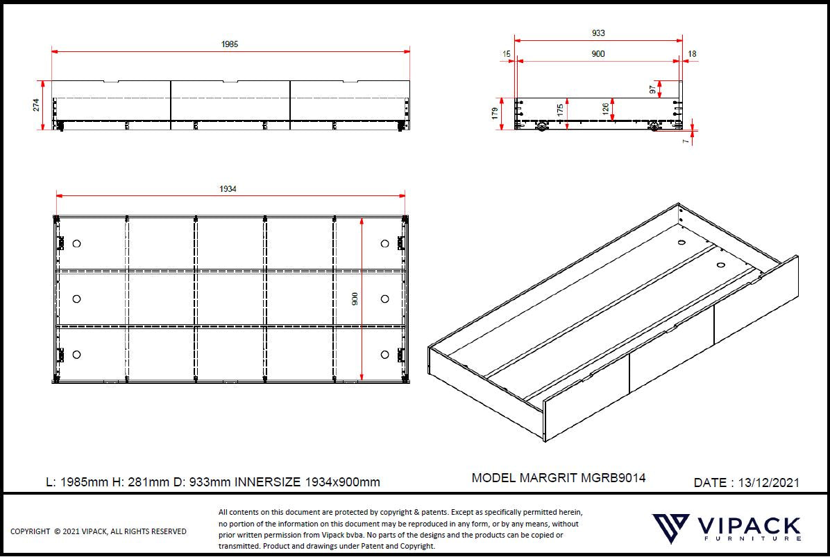 Technical drawing and 3D model of a VIPACK MARGRIT underbed drawer with dimensions and branding.