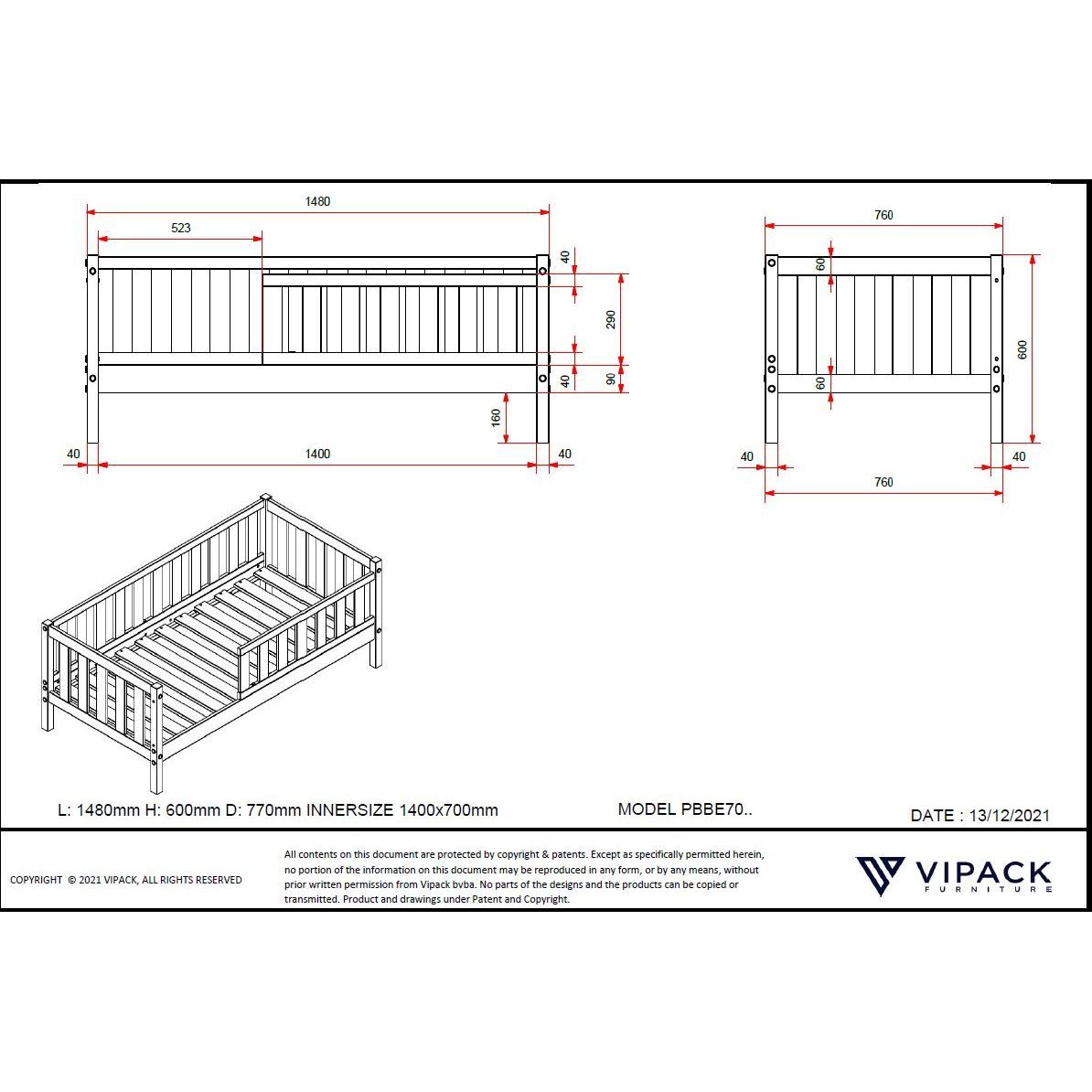 VIPACK JAXX PEUTERBED toddler bed 140 x 70cm white