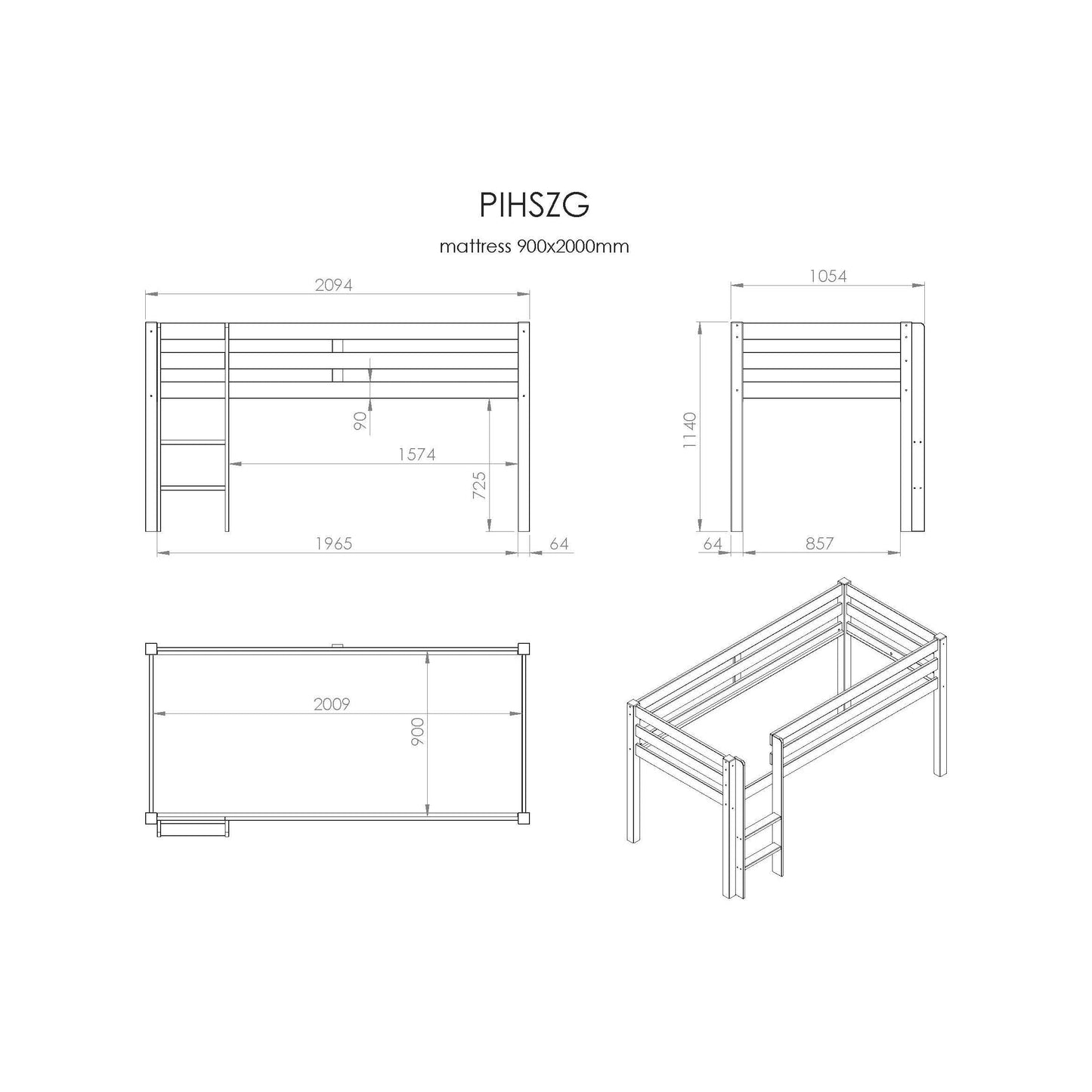 VIPACK PINO European single mid sleeper 90 X 200cm with ladder grey