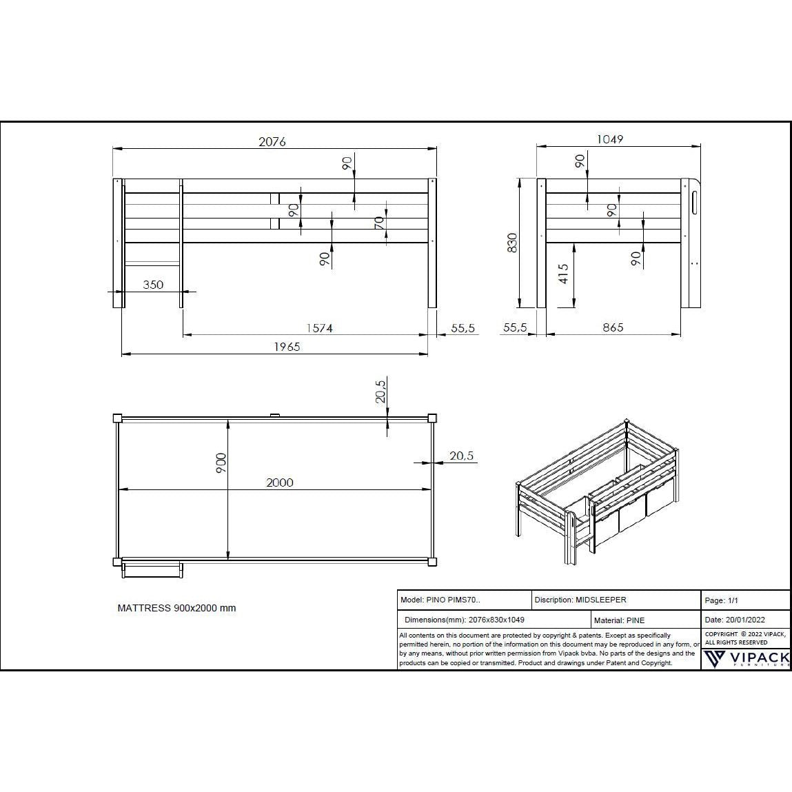 VIPACK PINO European single mid sleeper low 90 X 200cm with ladder grey