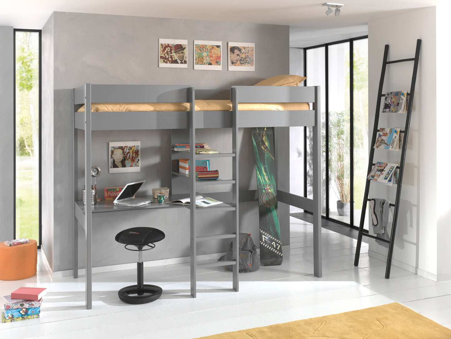 kids grey loft bed with desk and storage underneath in modern bedroom