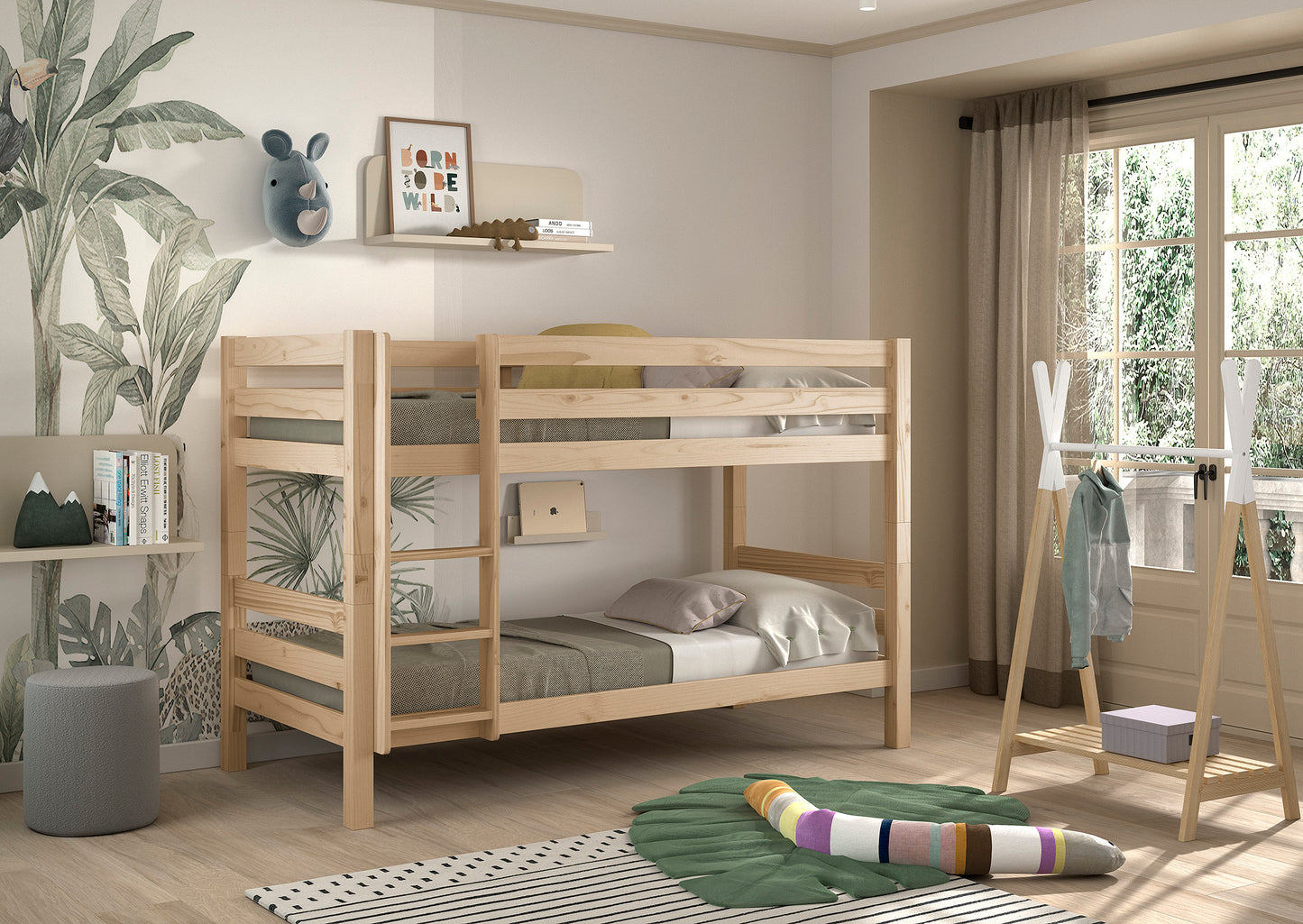 Wooden VIPACK bunk bed in a scandi looking kids bedroom with shelves, books, and decorative items. A freestanding natural wood tipi style clothing rail is near to the bunk bed
