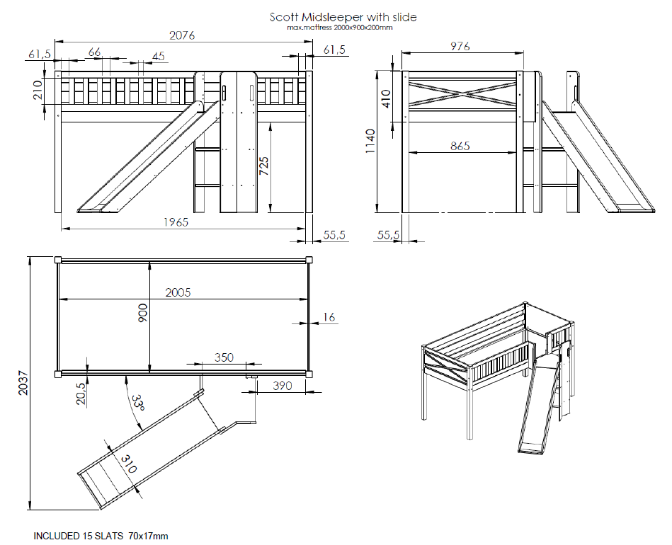 VIPACK SCOTT European single mid sleeper 90 X 200 cm white with slide