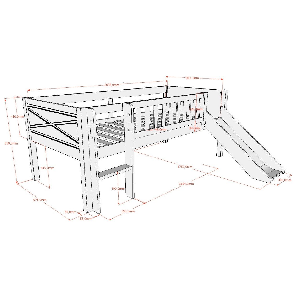 VIPACK SCOTT European single mid sleeper low with slide 90 X 200 cm white
