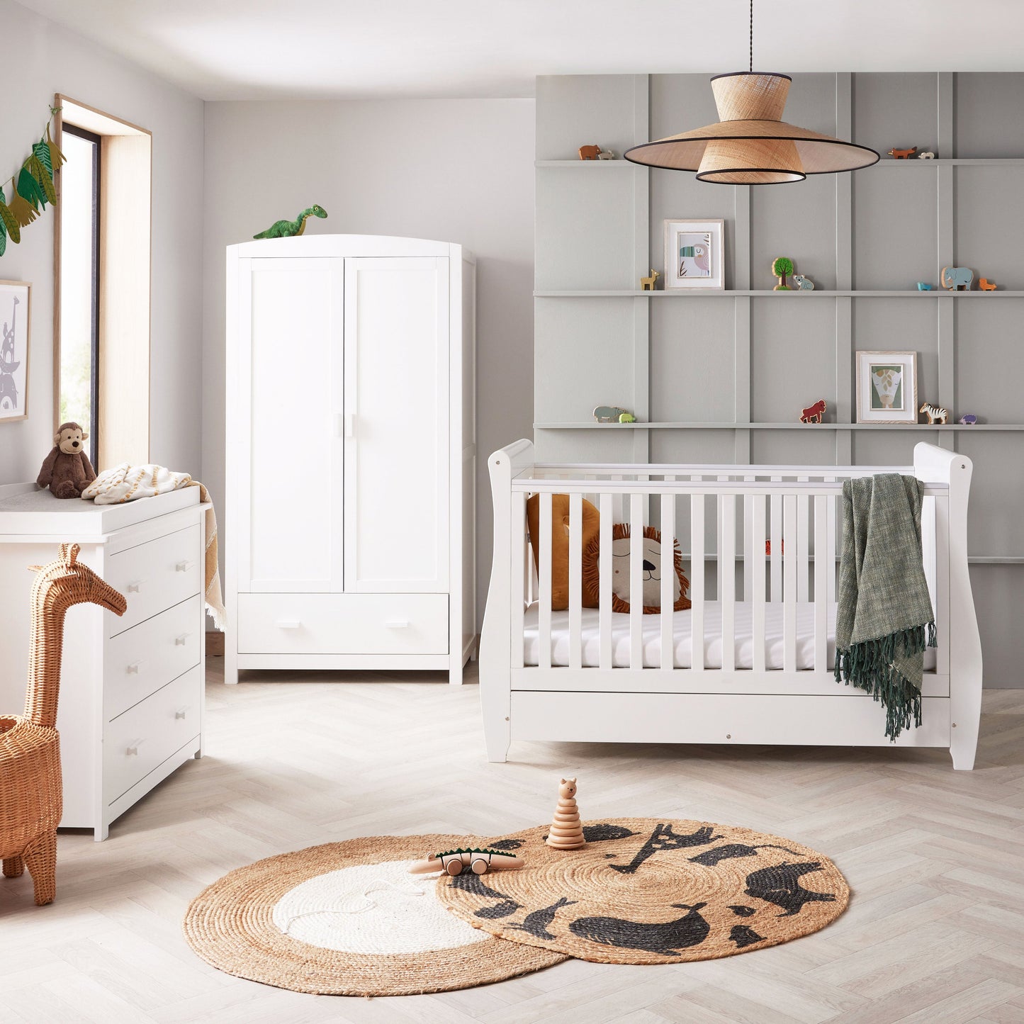 Babymore Stella Sleigh Cot Bed 140 x 70cm 3 Piece Room Set White