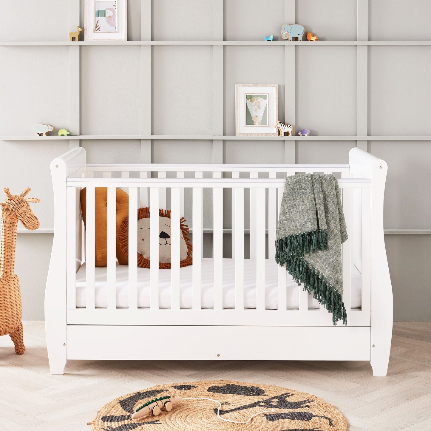 Babymore Stella Sleigh Cot Bed 140 x 70cm 3 Piece Room Set White