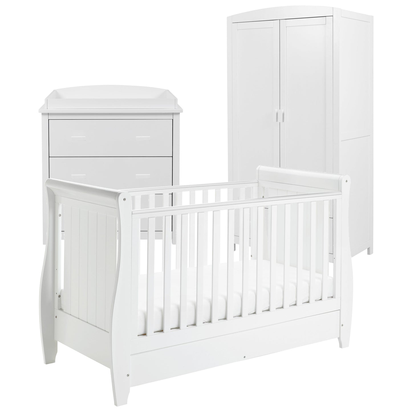 Babymore Stella Sleigh Cot Bed 140 x 70cm 3 Piece Room Set White