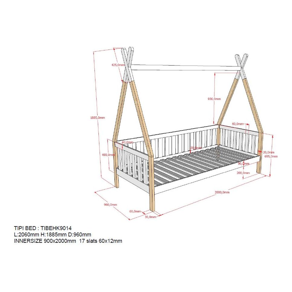 VIPACK TIPI European raised single tent bed 90 X 200cm with fence white