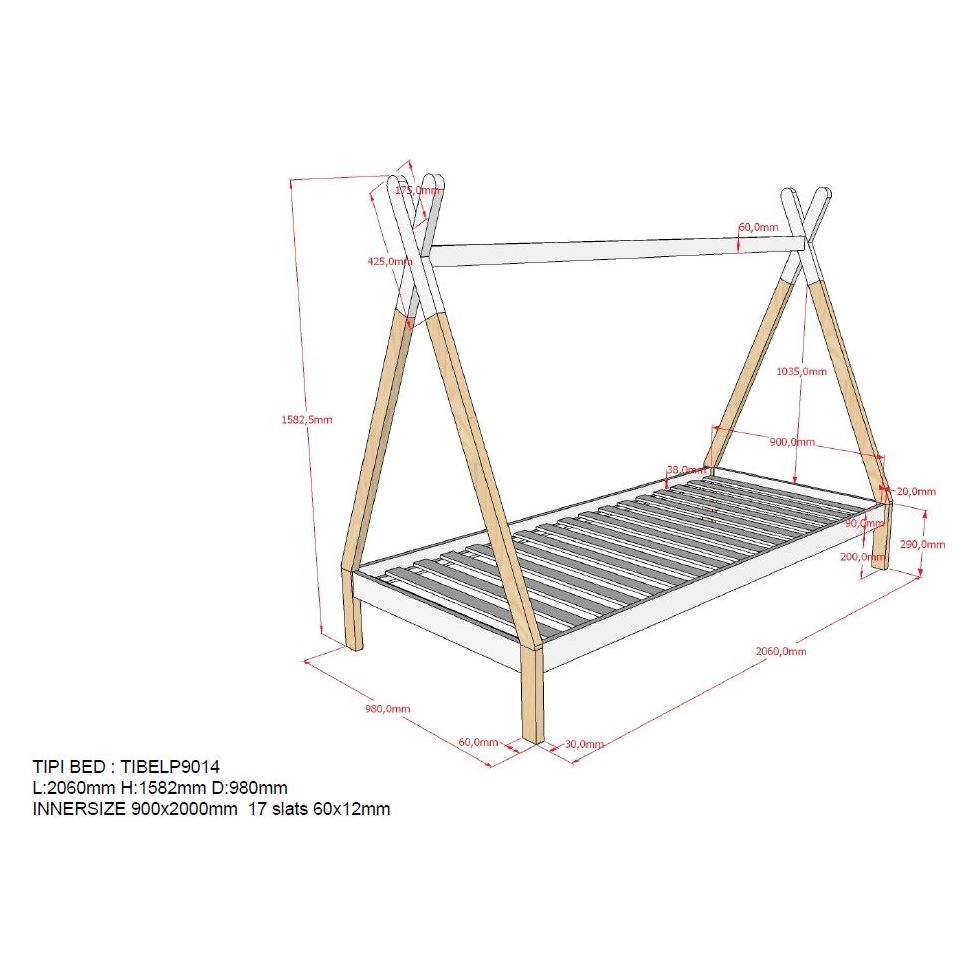 VIPACK TIPI European raised single tent bed 90 X 200cm white with cover and storage drawer