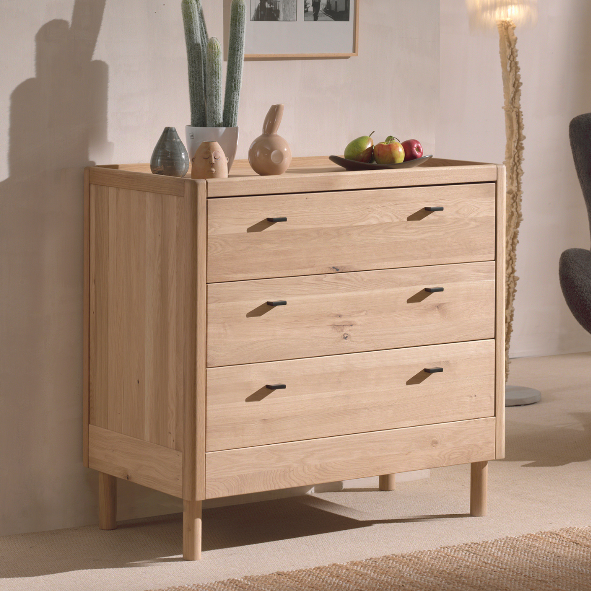 3 drawer chest made from oak wood in modern room setting