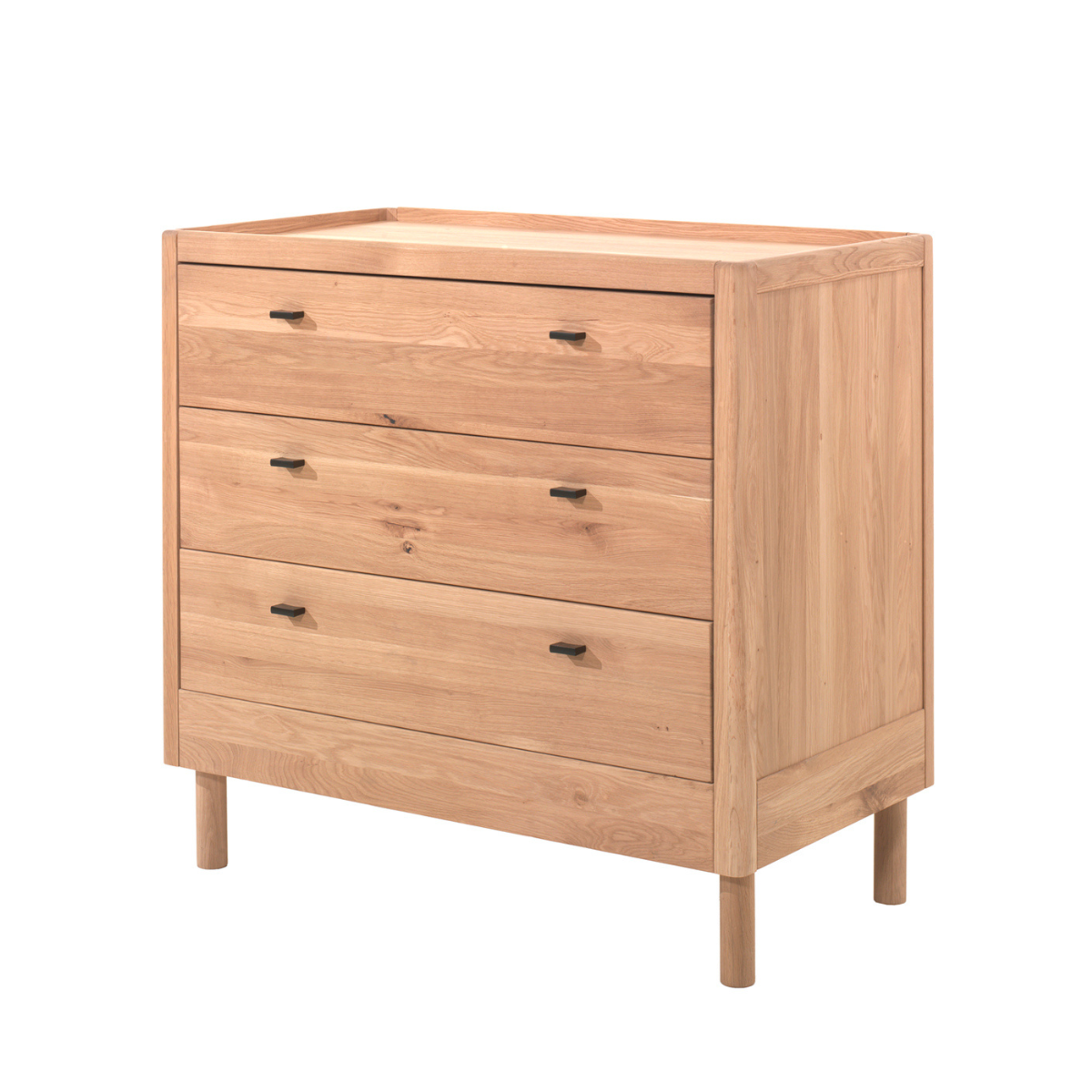 Wooden oak dresser with three drawers on a white background