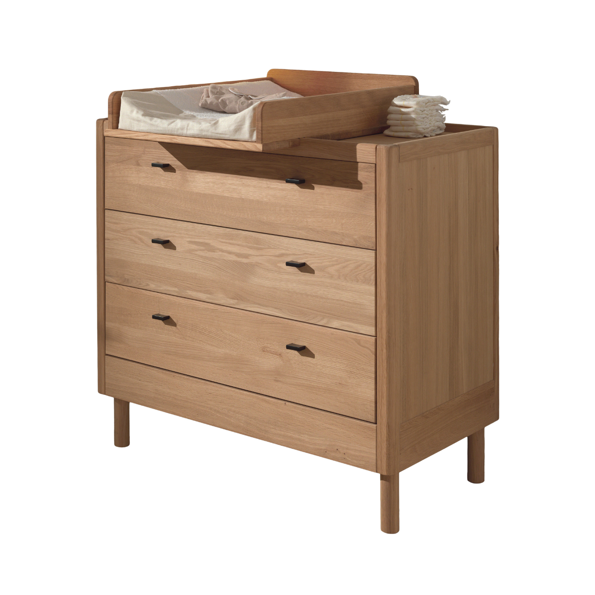 soldi Oak 3 drawer chest with removable baby changing top changing on plain white background