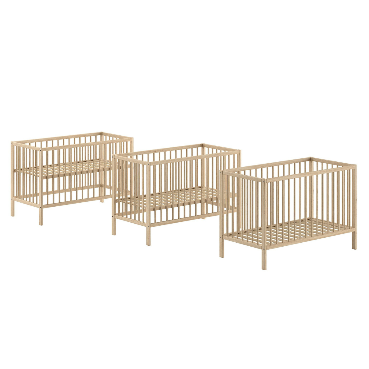 Natural wooden 120x60cm cot in product shot showing three different stages of use on plain white background