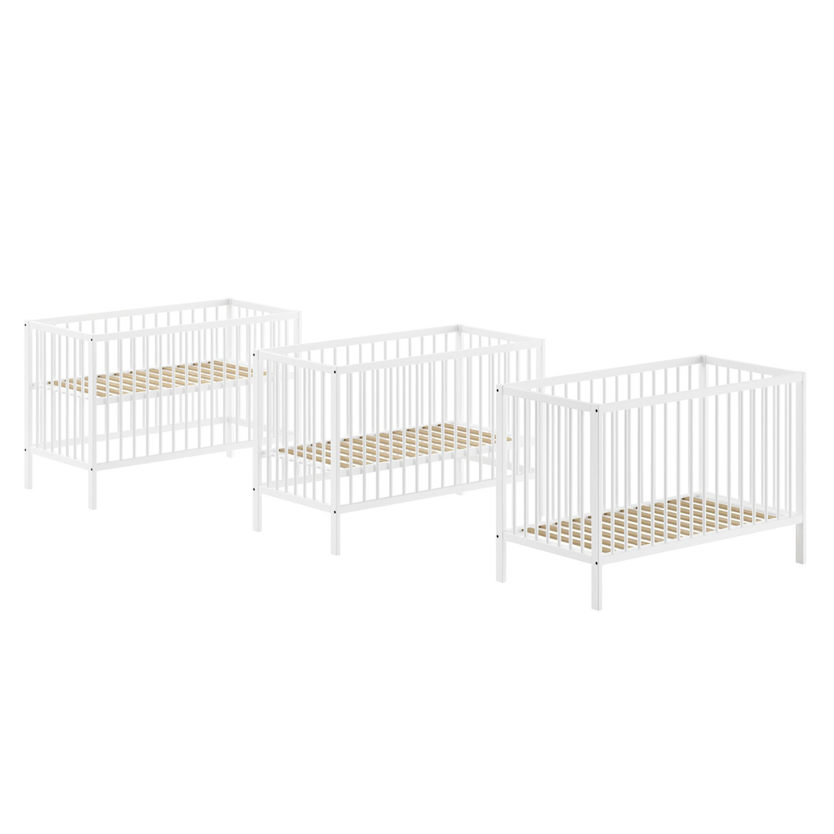 modern white cot product on plain white background showing three stages of use