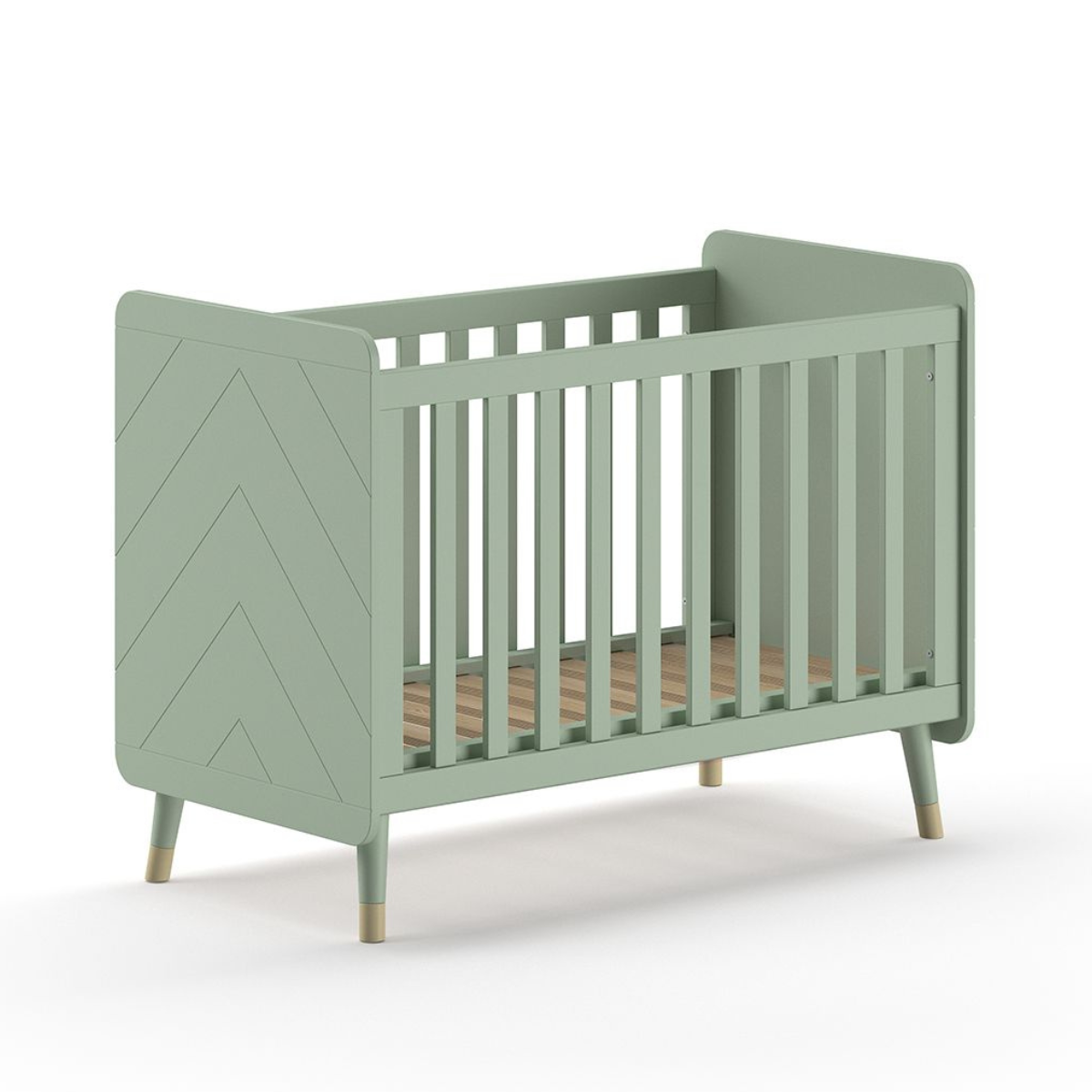 VIPACK JAXX BILLY olive green & gold 120x60cm cot with wooden slats on a plain white background. Solid olive green cot ends with modern engraved detailing. Cot has gold feet gold legs. olive green & gold modern infant baby cot