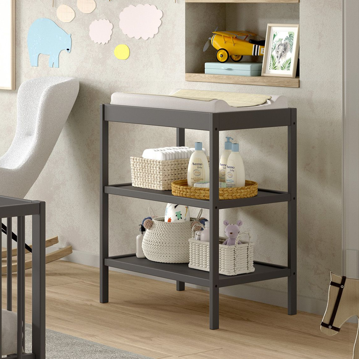 VIPACK JAXX DINO cot bed 140 x 70cm & baby changing table bundle anthracite