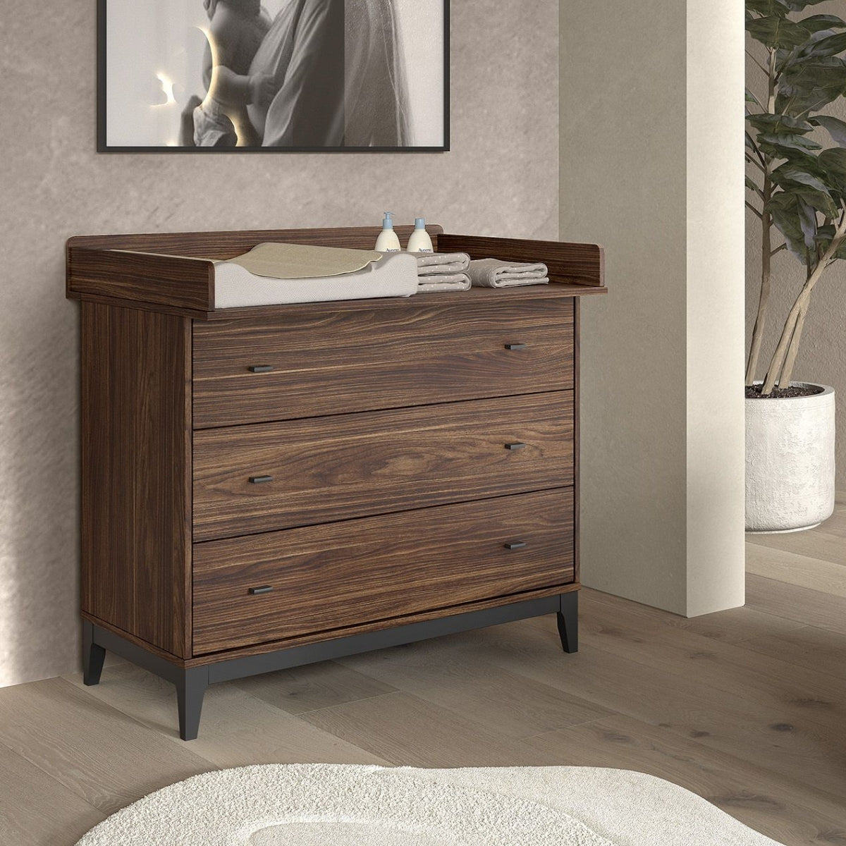 VIPACK ILYAS dark wood 3 drawer chest with removable baby changing top in modern nursery with changing pad and baby changing essentials on