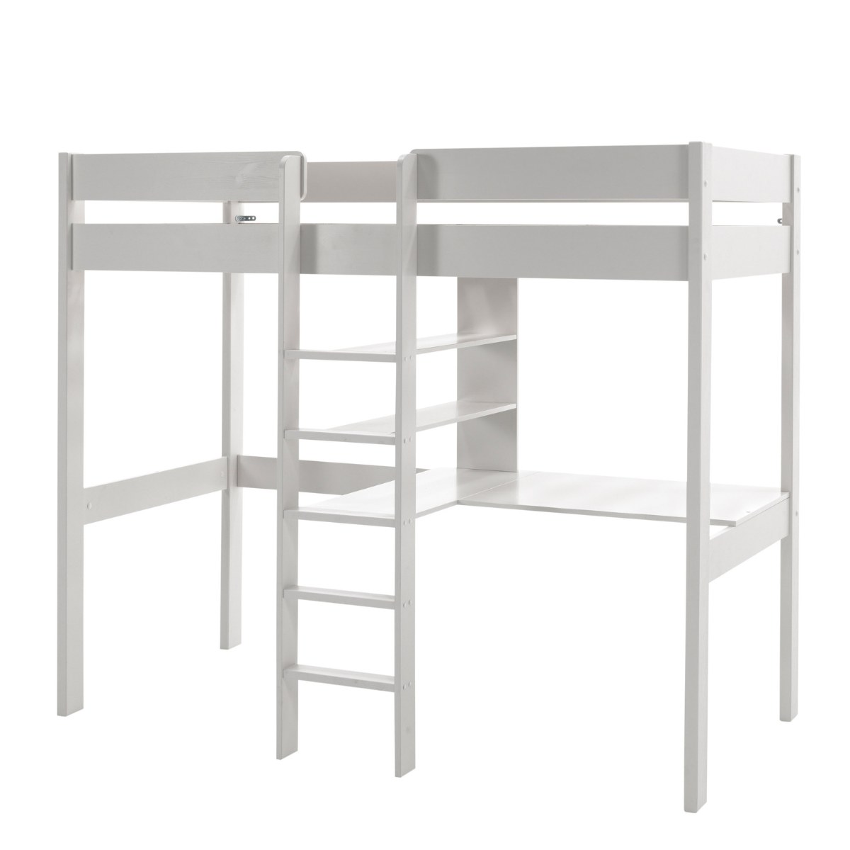White loft bed with desk on a white background