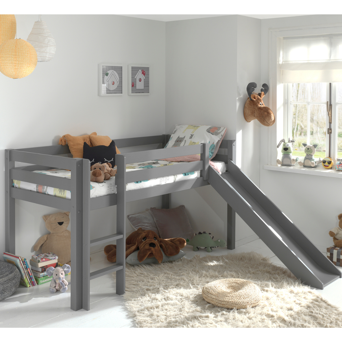 VIPACK PINO grey kids mid sleeper with slide and under-bed play space