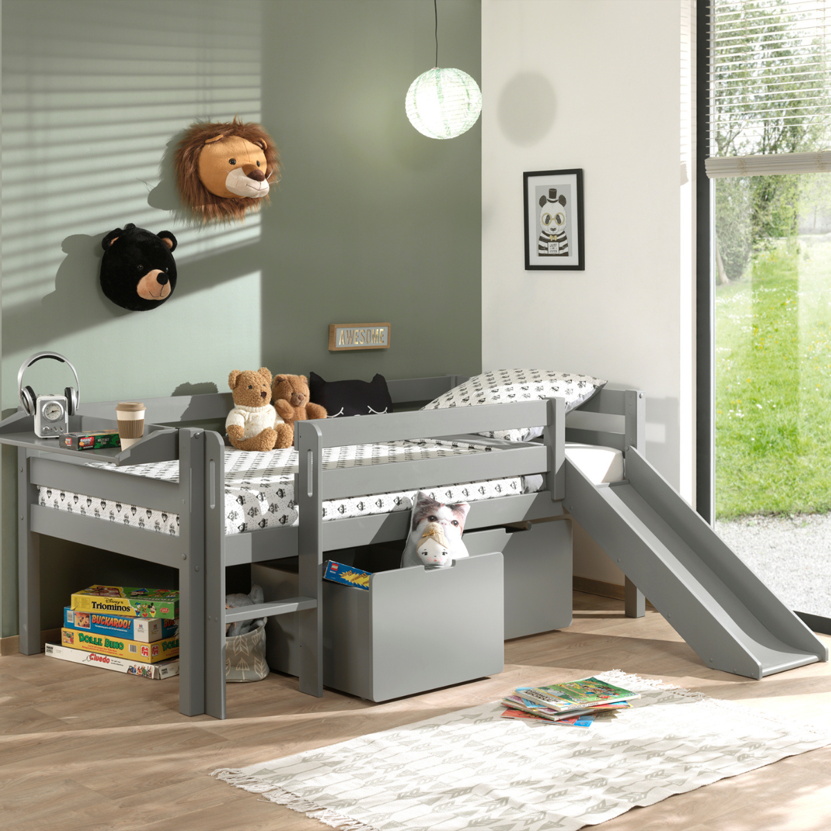 VIPACK PINO grey mid sleeper bed with slide and ladder with storage boxes filled with toys under bed