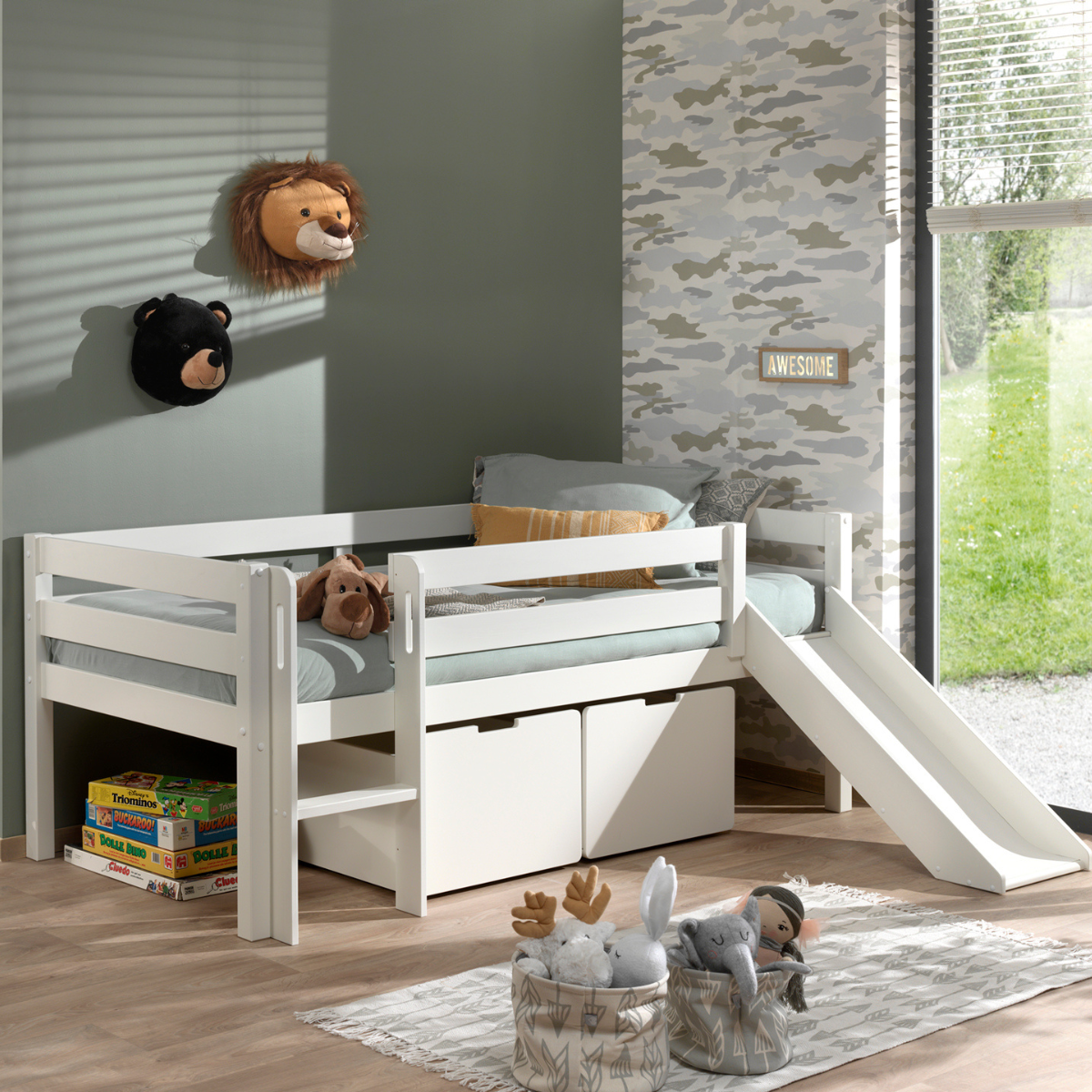 VIPACK PINO European single mid sleeper low 90 X 200cm with ladder & slide white