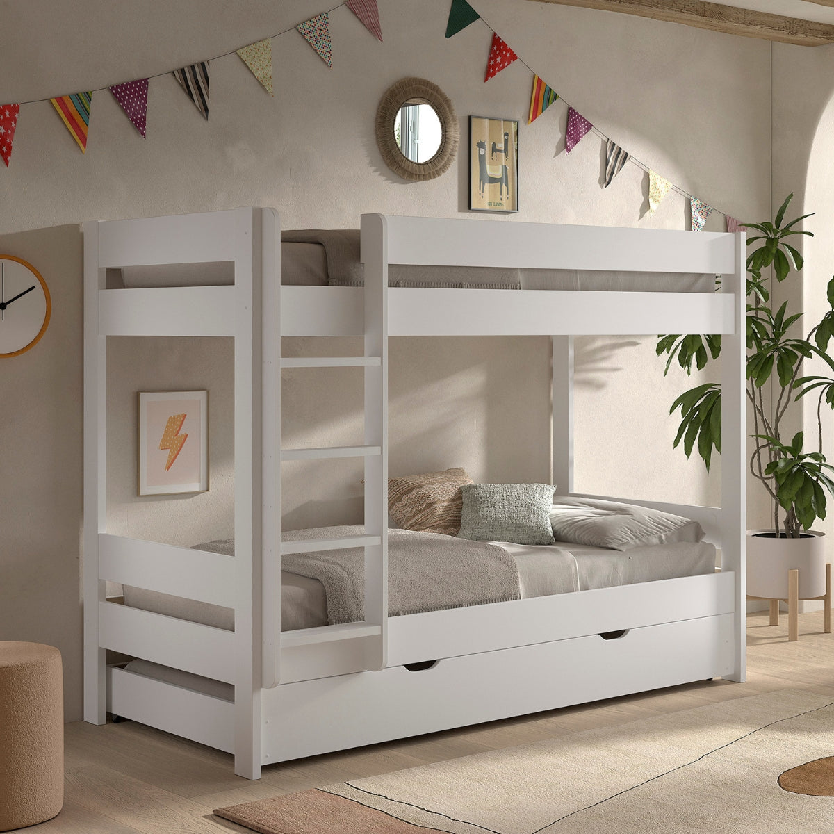 VIPACK PRIMO underbed storage drawer sleeping trundle underneath white bunk bed in child's bedroom