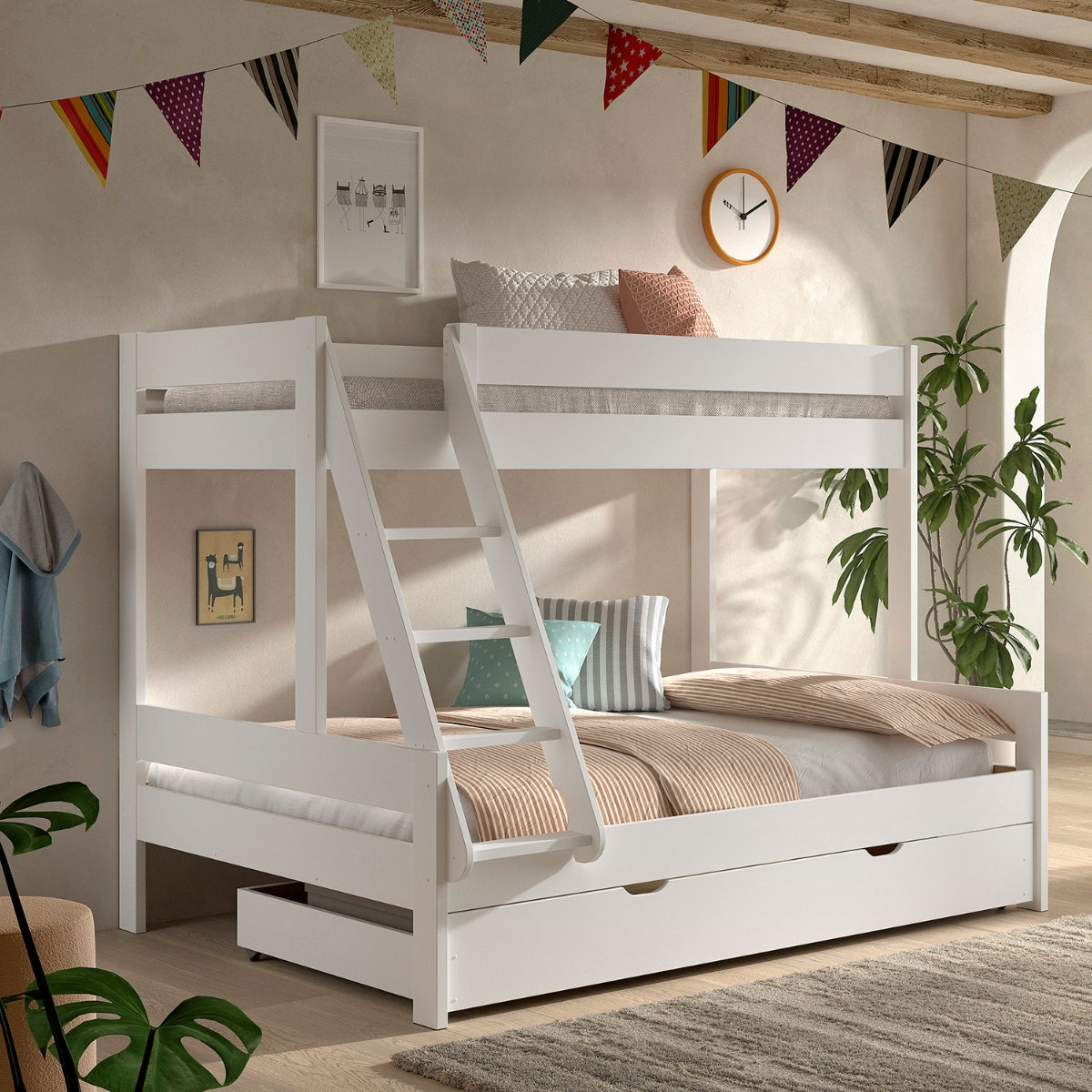 VIPACK PRIMO underbed storage drawer sleeping trundle underneath white triple sleeper bunk bed in kids bedroom