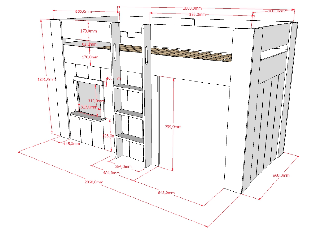 Dimensions of a VIPACK RENO cabin bed with desk on a white background