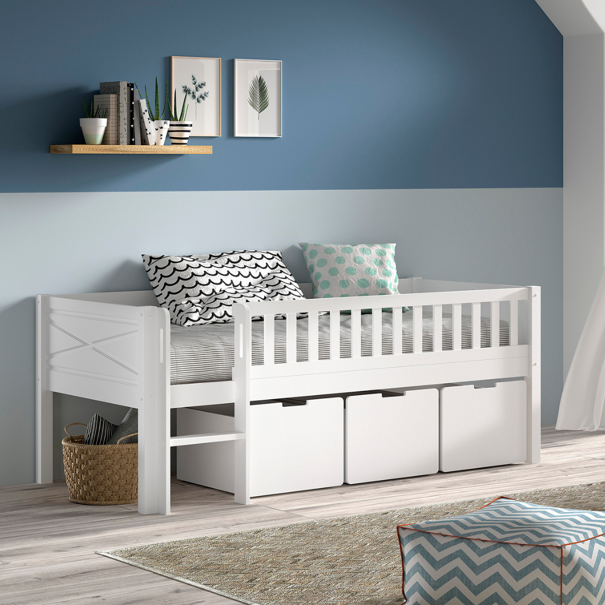 White kids low mid sleeper bed with under-bed storage space
