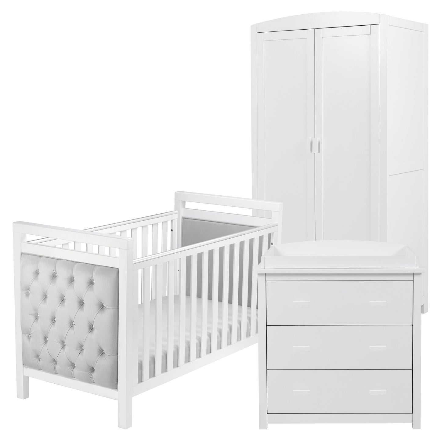 Babymore Velvet Deluxe Cot Bed 140 x 70cm 3 Piece Room Set White