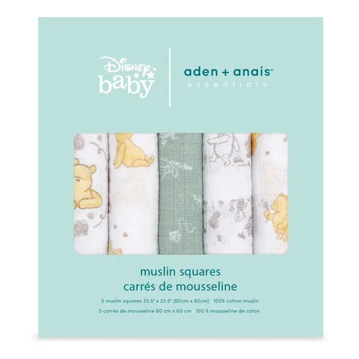 aden + anais Essentials Cotton Muslin Squares 5 Pack in Winnie + Friends in mint green retail display gift box
