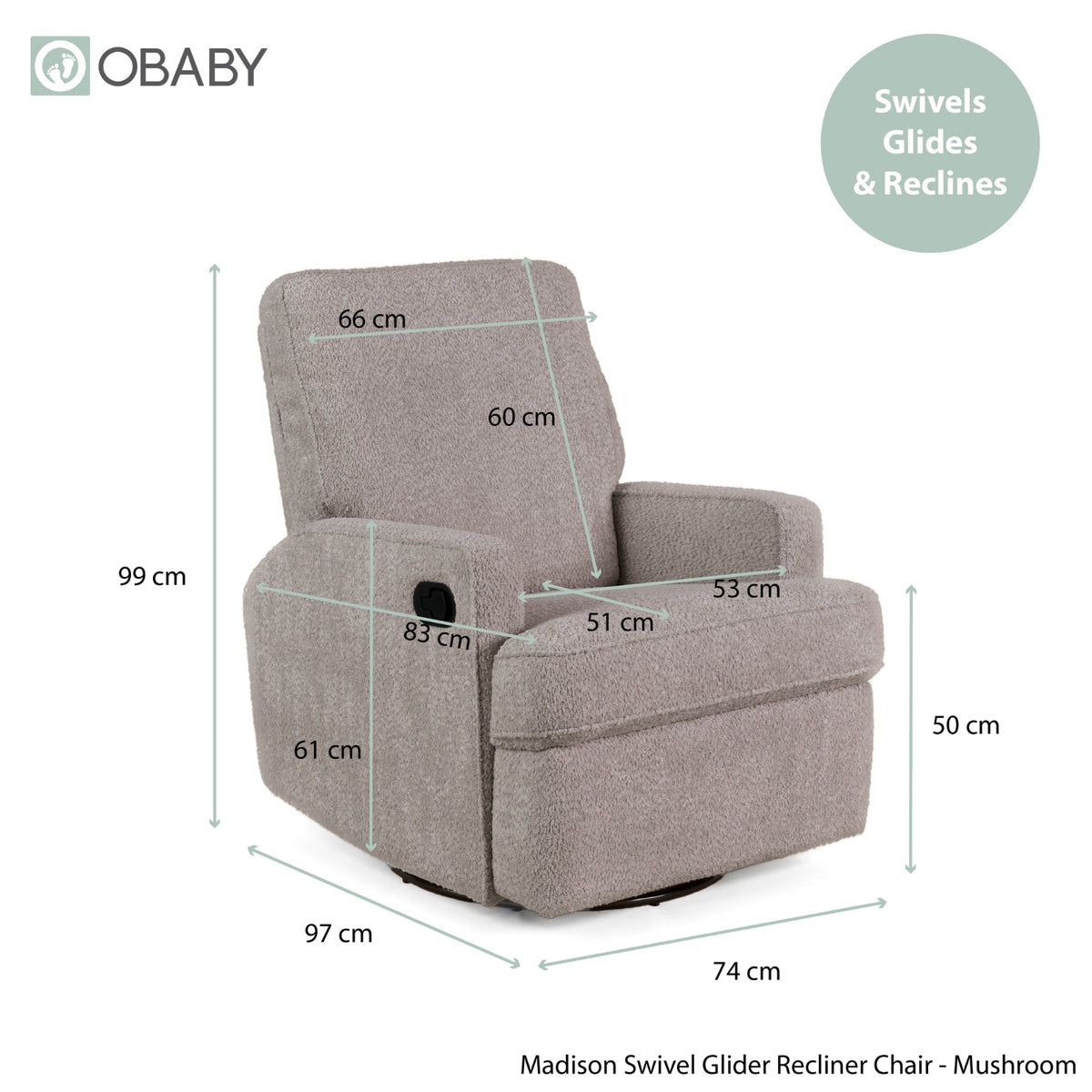 Obaby Madison swivel glider recliner nursing chair Chenille Mushroom product dimensions