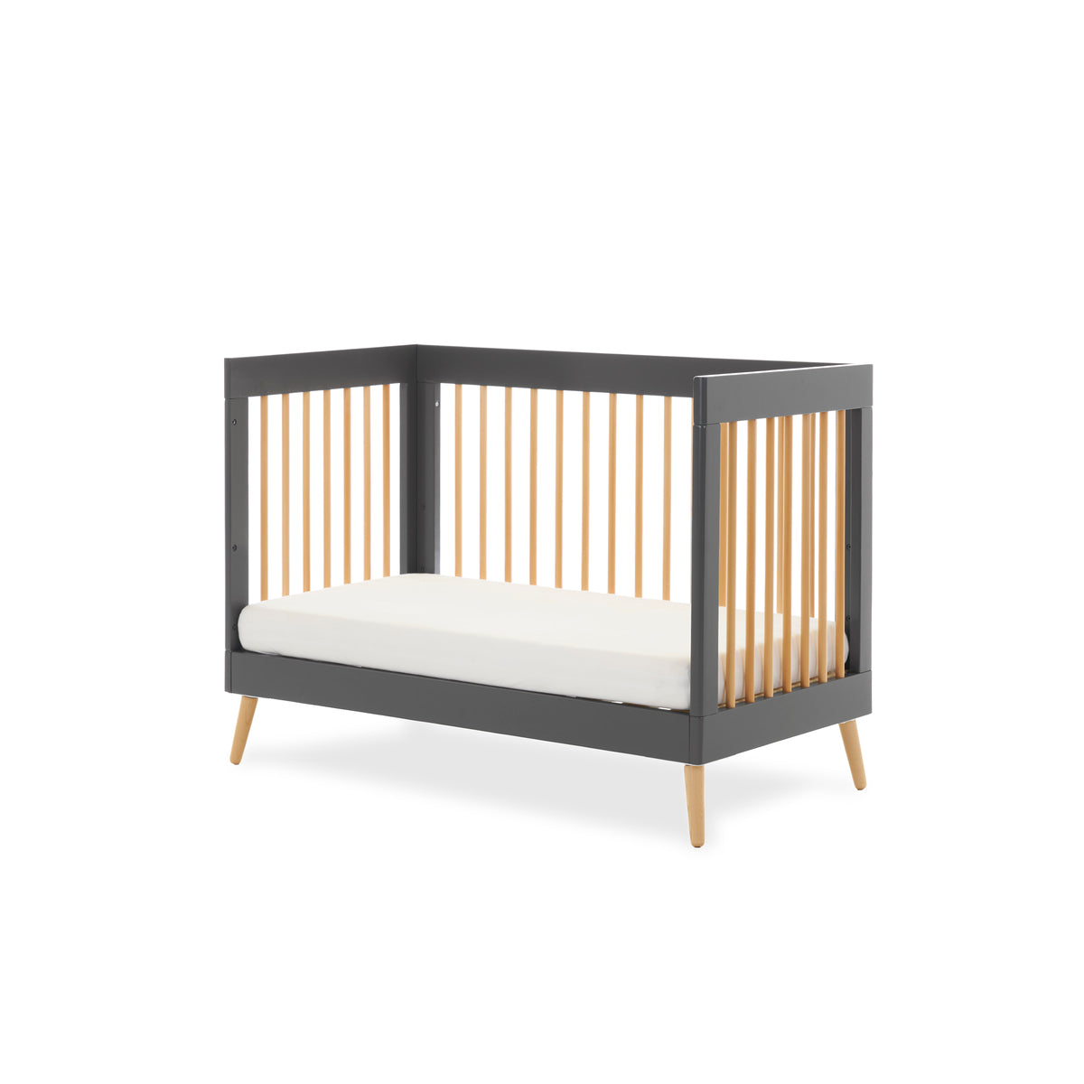 Obaby Maya Mini Cot Bed in Slate and Natural with side removed as toddler day bed on white background